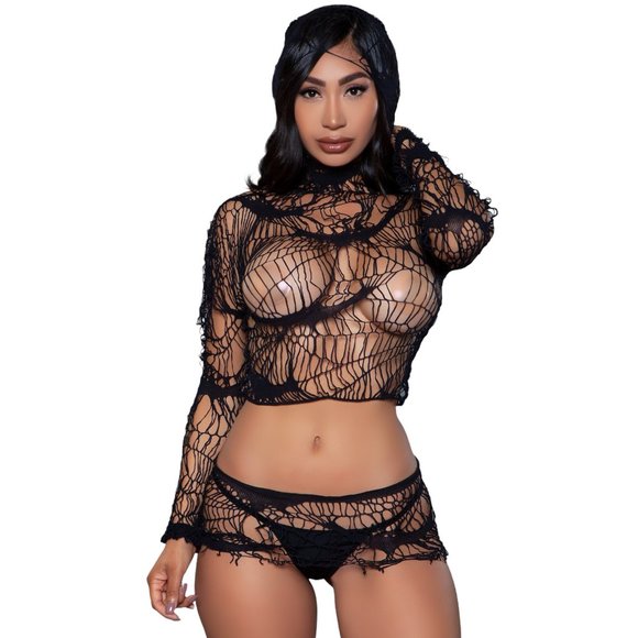 Distressed Net Hooded Crop Top and Micro Skirt Set - Picture 1 of 5